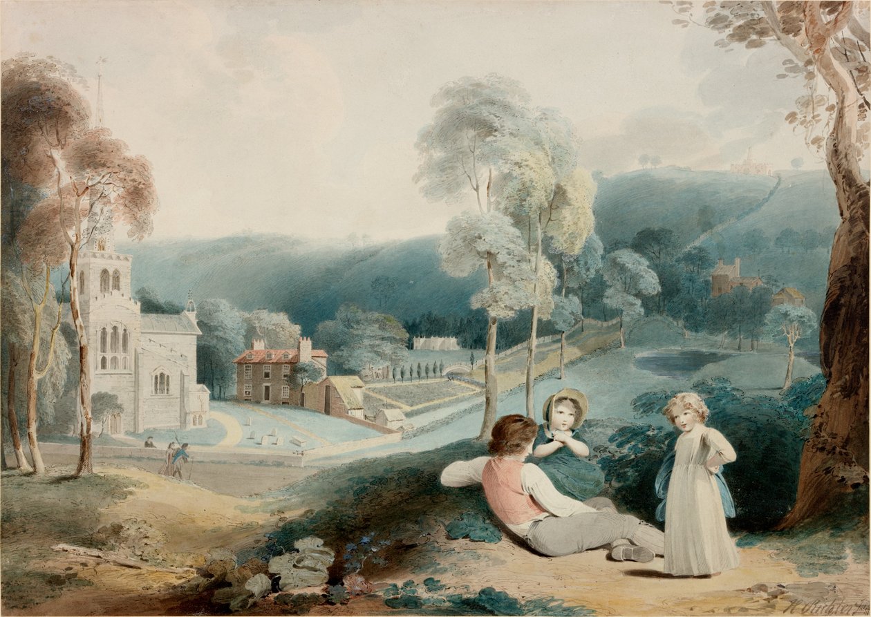Children in Landscape with Church by Henry James Richter