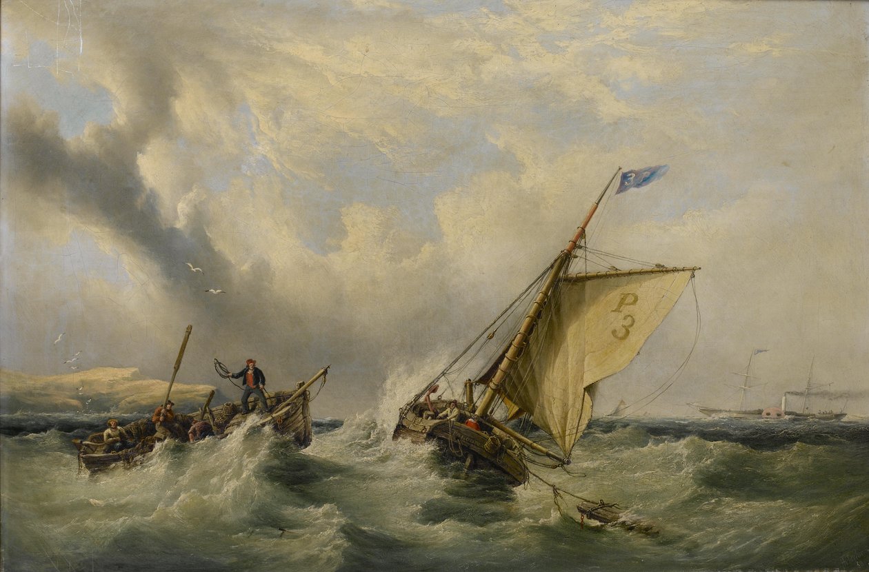 Pilot cutter no. 3 with a rowing boat coming alongside and a paddlesteamer in the distance by Henry King Taylor