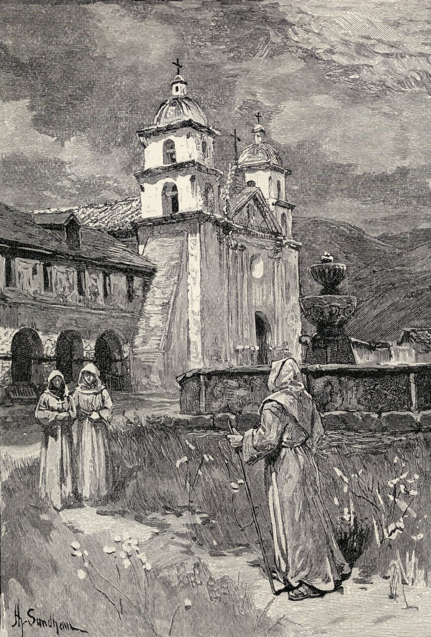 Fountain and Mission, Santa Barbara, California by Henry Sandham