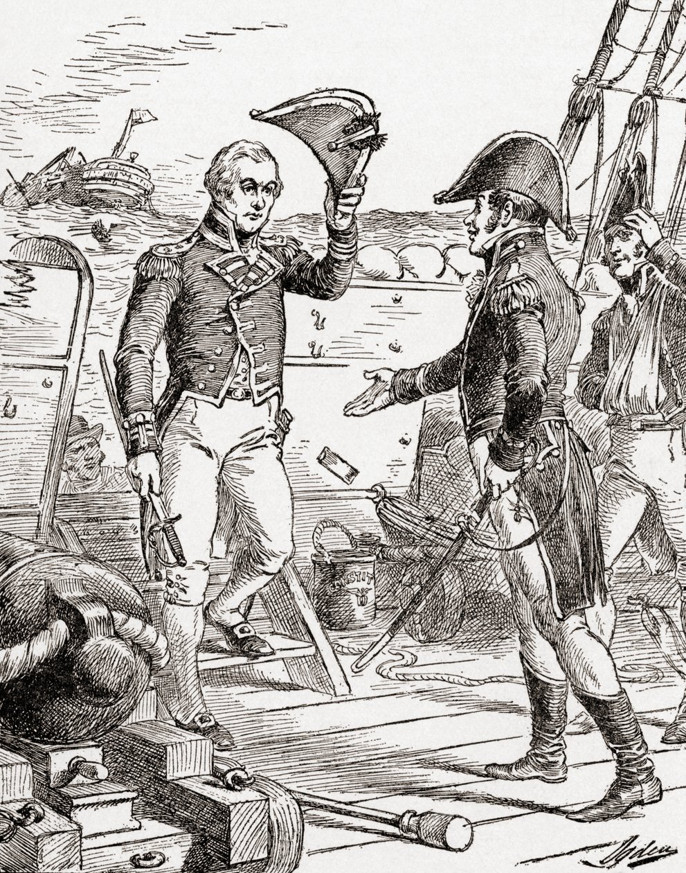 Captain Dacres from the HMS Guerriere surrenders and offers his sword to Captain Hull aboard the USS Constitution after his defeat during The War of 1812, from The History of Our Country, published 1905 by Henry Alexander Ogden