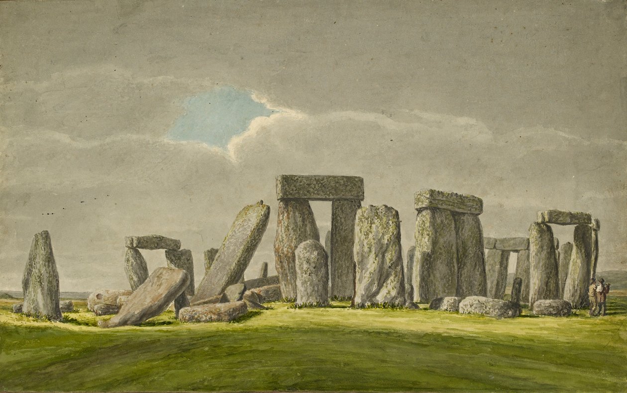 Stonehenge from the S.E, showing stones in ruined state with 2 visitors by Henry Browne