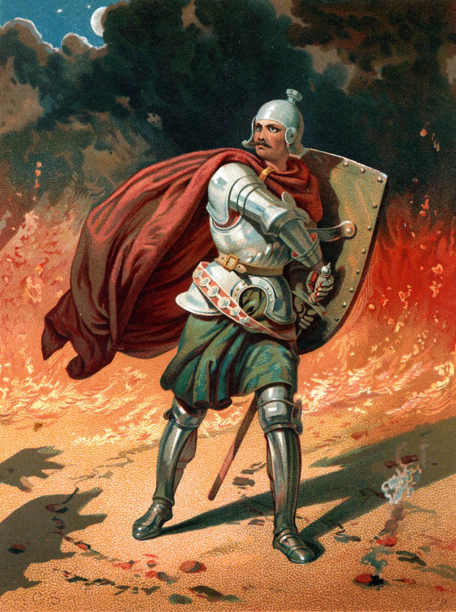 Christian, the pilgrim of the title, in combat with Apollyon, the Destroyer, the Angel of the Bottomless Pit by Henry Courtney Selous