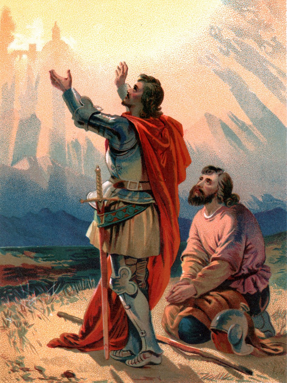 Christian, the pilgrim of the title, kneels in wonderment as he and his companion arrive within sight of the Holy City by Henry Courtney Selous