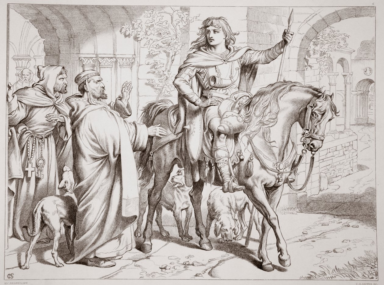 Hereward informs his uncle the Prior that he is about to be outlawed, illustration from Hereward the Great by Charles Kingsley, pub. 1870, engraved by C.G. Lewis by Henry Courtney Selous