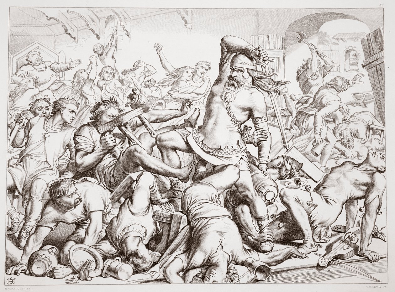 How Hereward Cleared Bourne of Frenchmen, Illustration from Hereward the Great by Charles Kingsley, Engraved by C.G. Lewis by Henry Courtney Selous