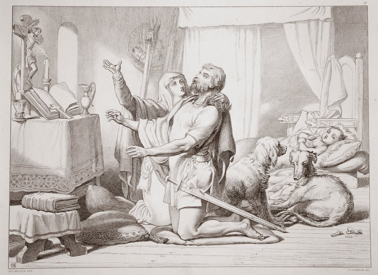 How Torfrida teaches Hereward to pray, illustration from Hereward the Great by Charles Kingsley, engraved by C.G. Lewis by Henry Courtney Selous