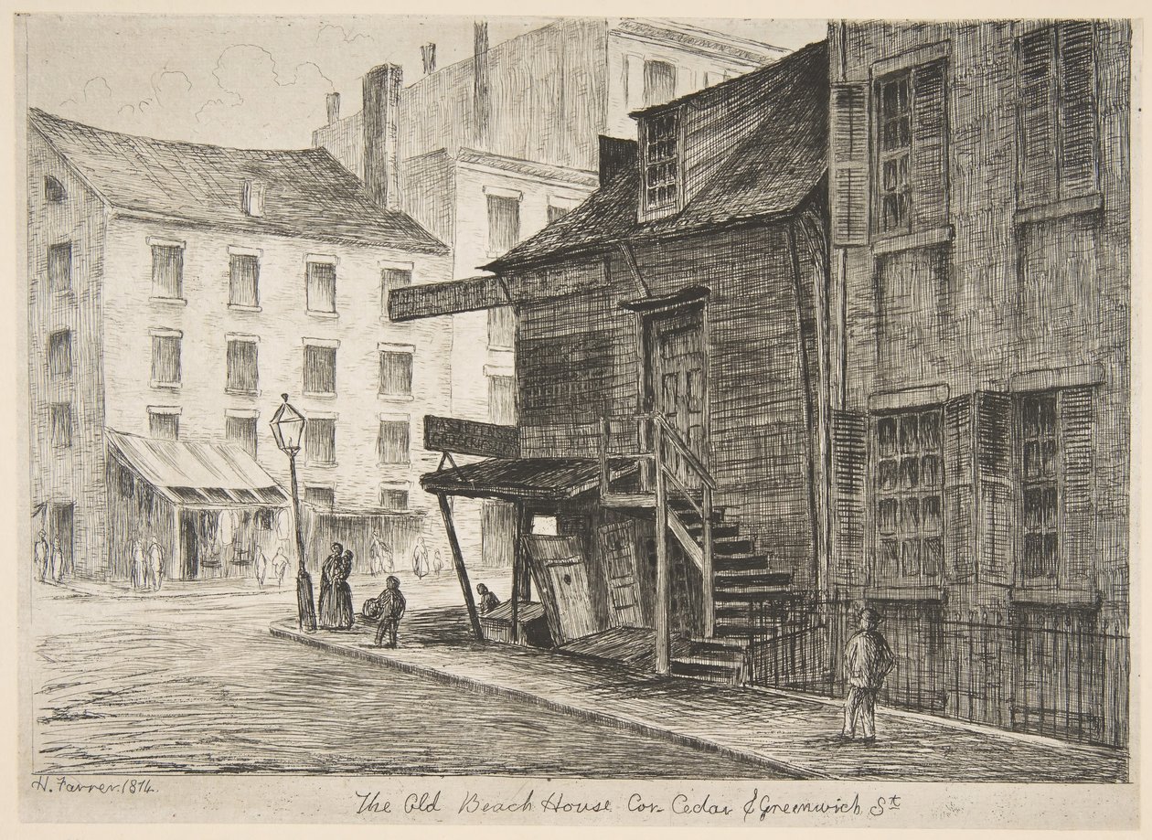 The Old Beach House, Corner of Cedar and Greenwich Streets from Scenes of Old New York by Henry Farrer