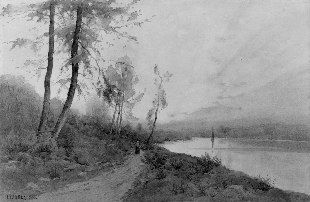 Woman Walking beside a River by Henry Farrer