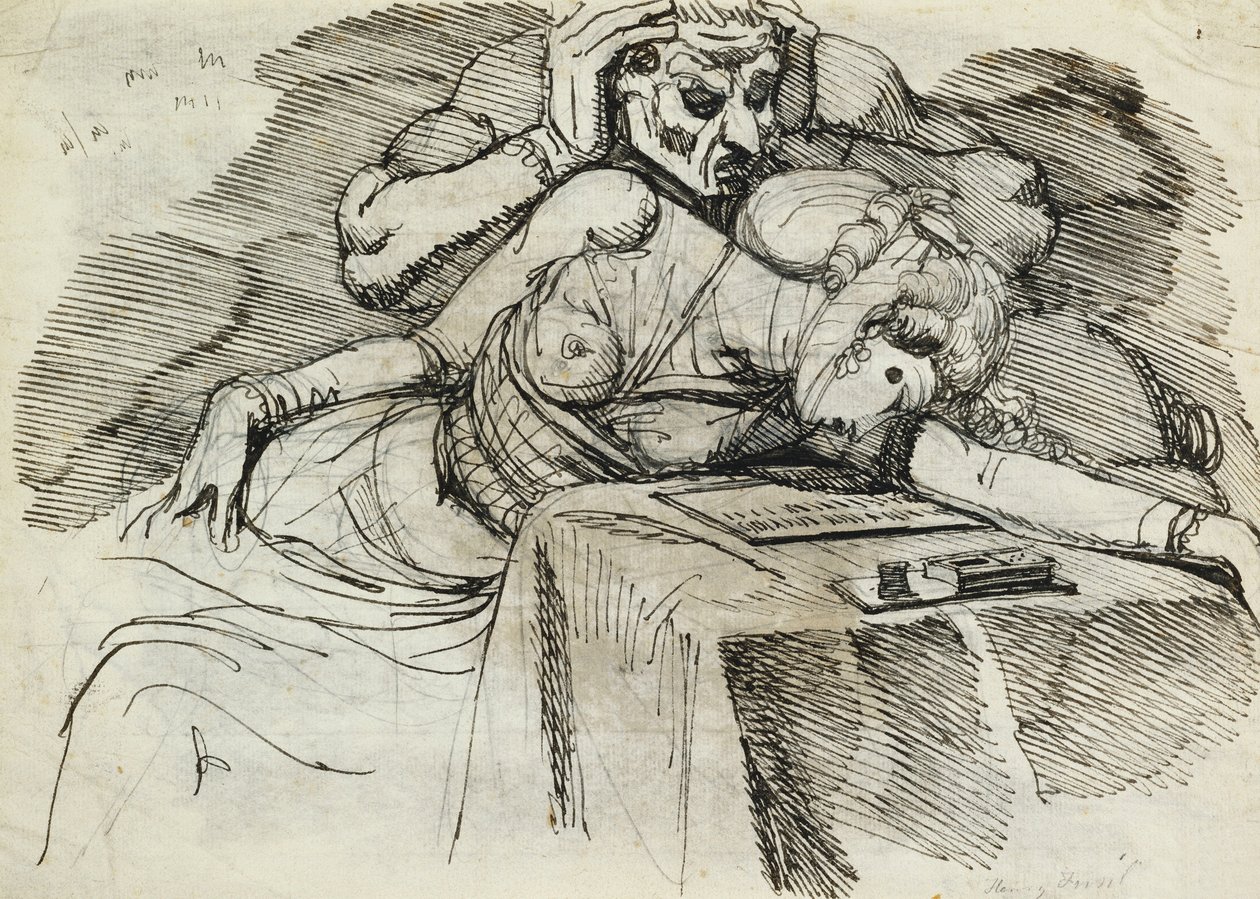 A Woman Swooning at a Writing Table with a Threatening Figure Behind by Johann Heinrich Füssli
