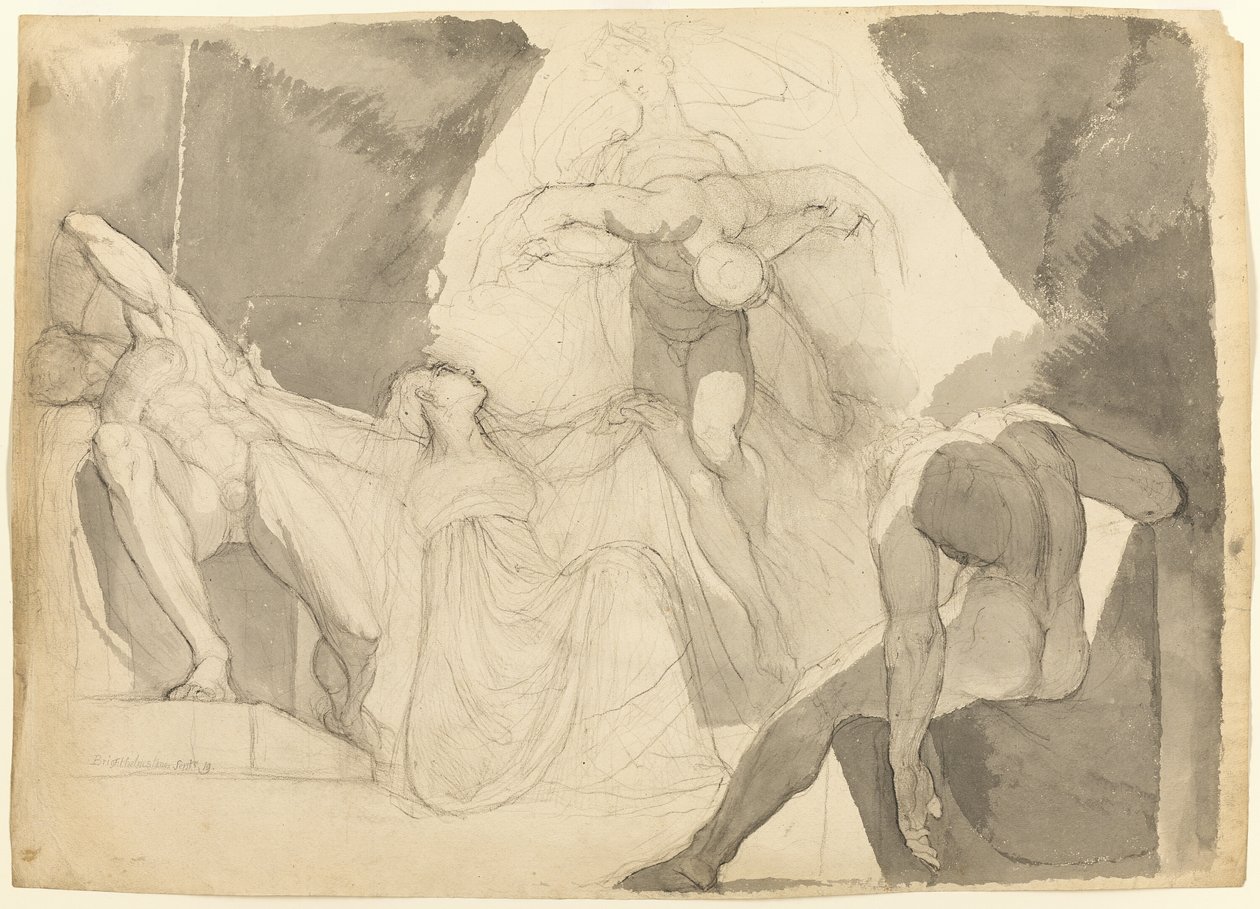 Aided by Eeriboia, Hermes Carries Off the Exhausted Ares from the Sleeping Sons of Aloeus (recto); Sketch of One of the Sleeping Sons of Aloeus (verso) by Johann Heinrich Füssli