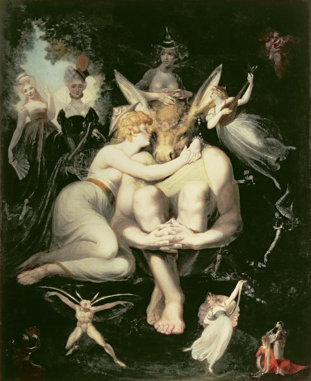 Titania Awakes, Surrounded by Attendant Fairies, Clinging Rapturously to Bottom, Still Wearing the Ass
