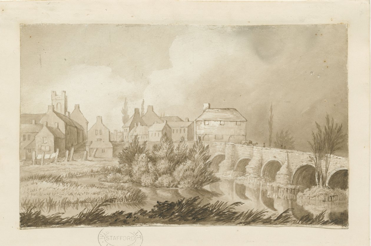 Burton-upon-Trent Bridge and Town: sepia drawing, nd [c.1840] by Henry James Noyes