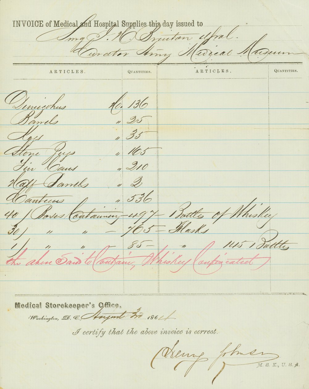 Invoice of medical and hospital stores, signed Henry Johnson, August 30, 1864 by Henry Johnson