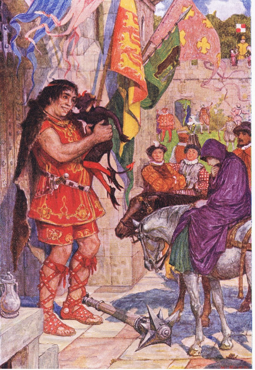 Flibbertibbet dressed as a devil pacifies the giant when Wayland brings Amy to Kenilworth Castle, illustration from Kenilworth by Henry Justice Ford