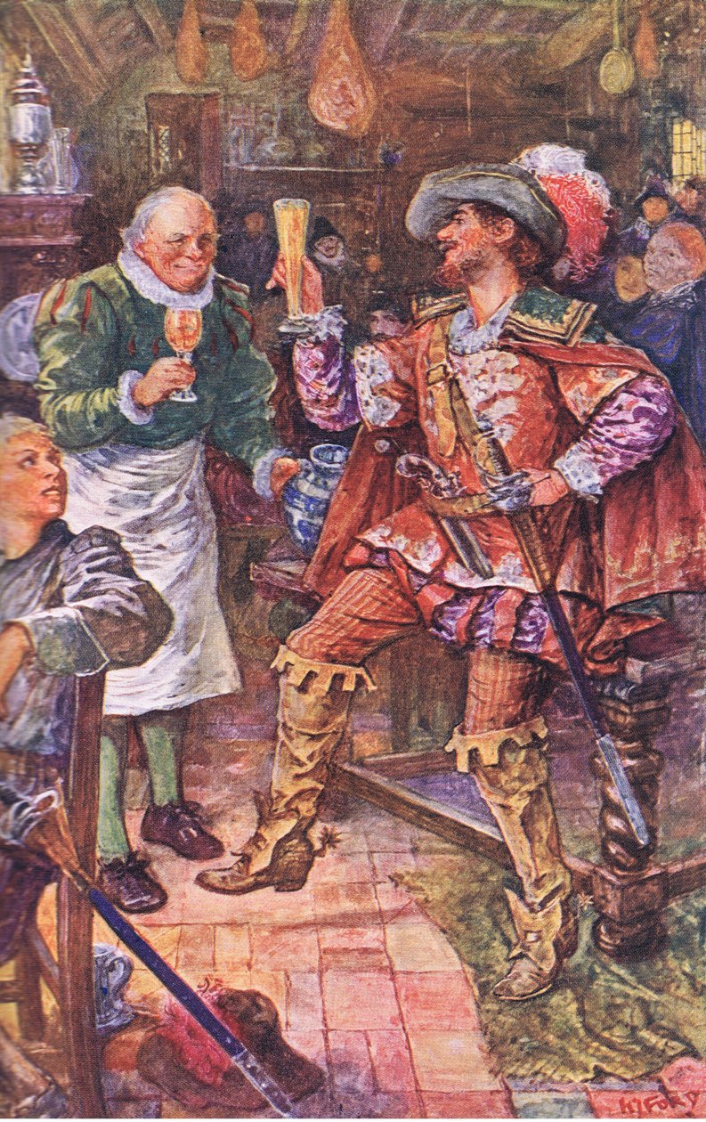 Michael Lambourne drinks with the landlord of the Black Bear, illustration from Kenilworth by Henry Justice Ford