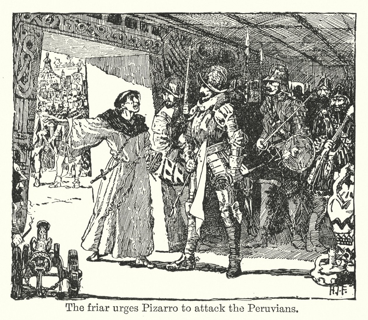 The friar urges Pizarro to attack the Peruvians by Henry Justice Ford
