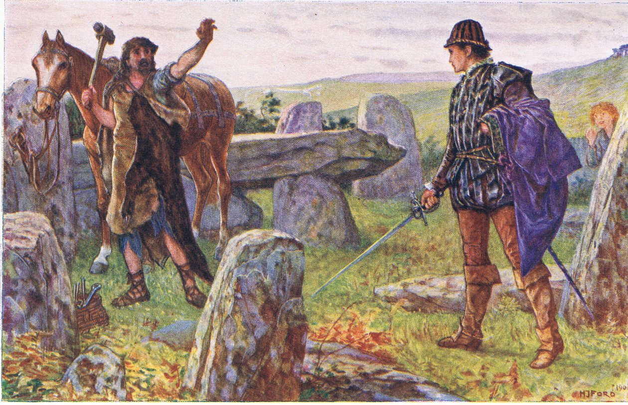 Tresilian confronts the mysterious farrier, illustration from Kenilworth by Henry Justice Ford