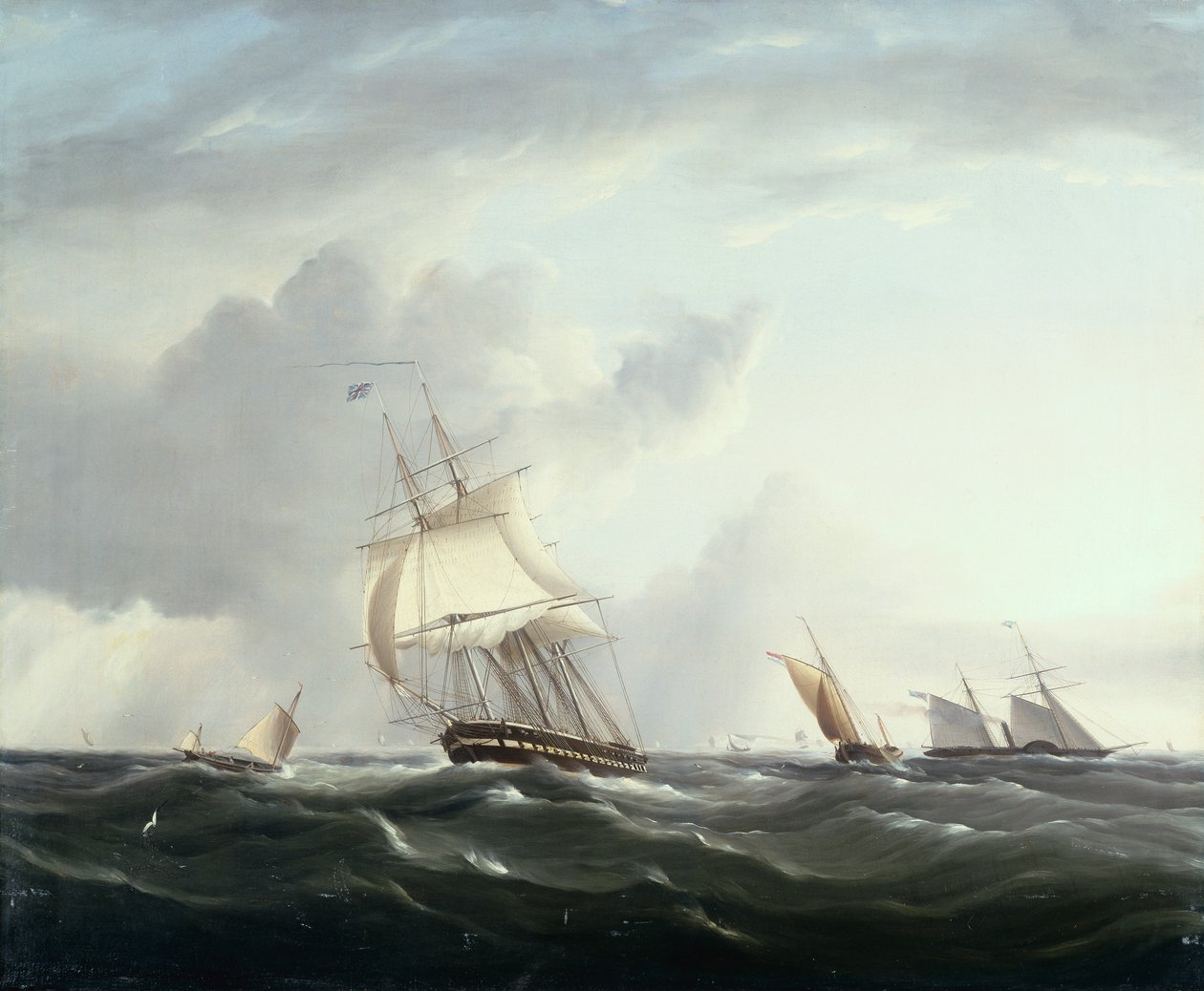 A Frigate, A Paddlesteamer and Dutch Smallcraft in the Downs by Henry Moses