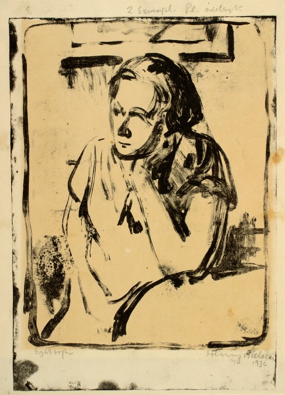 Woman Sitting at Round Table with Hand Under Chin by Henry Nielsen
