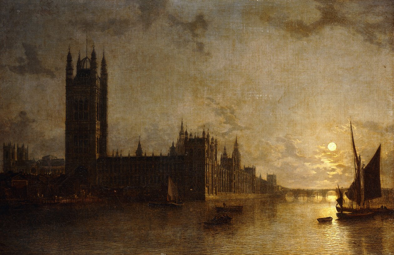 Westminster Abbey, The Houses of Parliament with the Construction of Westminster Bridge by Henry Pether