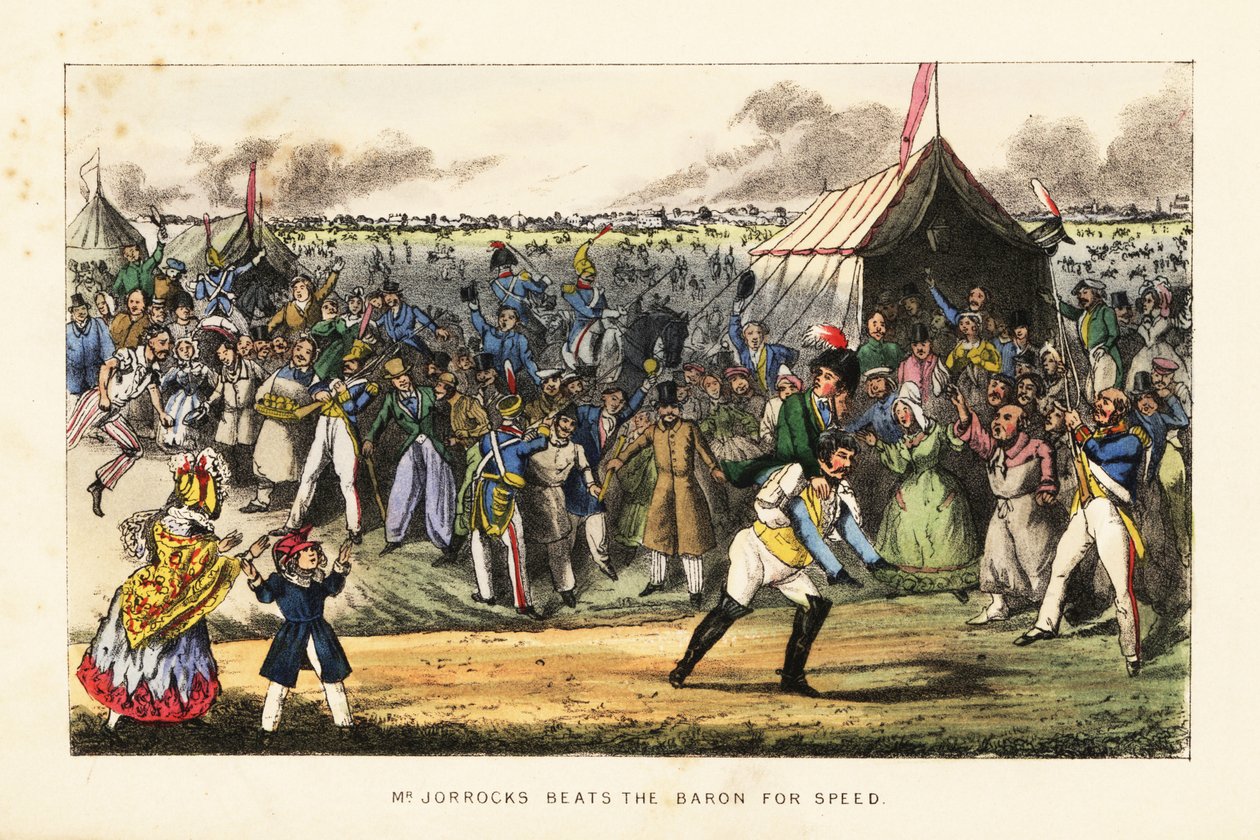 English gentlemen gambling on an unusual foot race during a horse-racing meet on the Champs de Mars, Paris by Henry Thomas (after) Alken