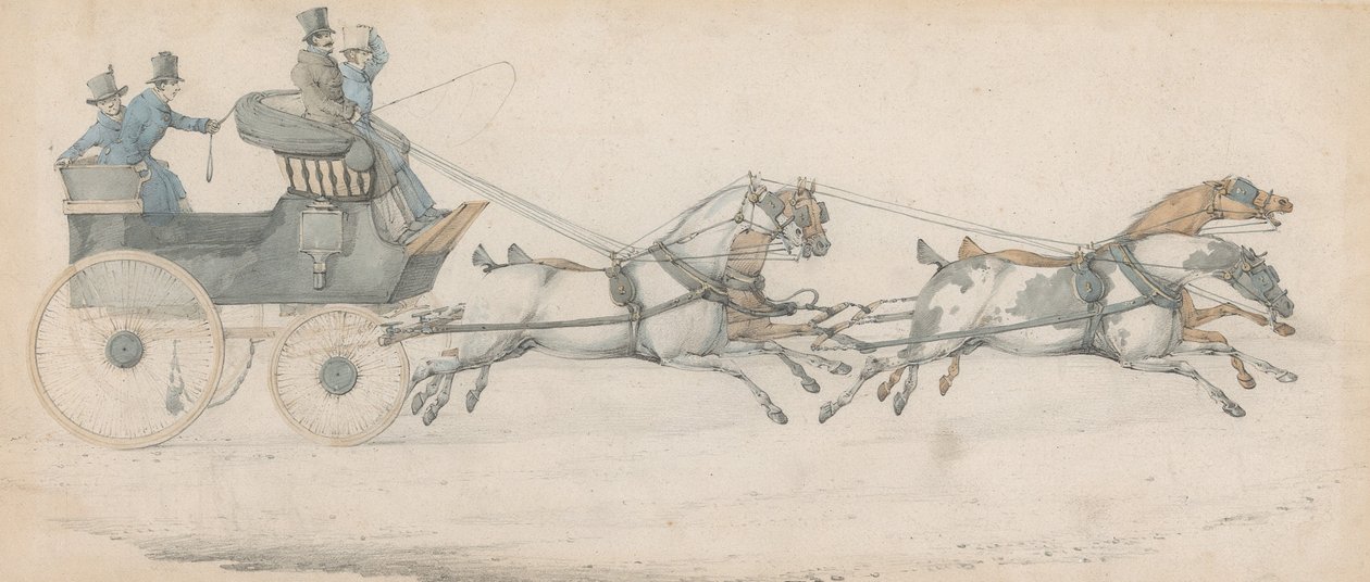 A Gentleman Driving a Four-in-Hand to a Mail Phaeton, Accompanied by Three Grooms by Henry Thomas Alken