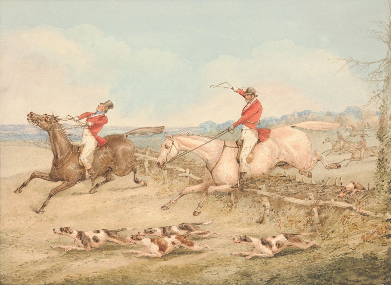 Jumping a Double Oxer - A Rider in Difficulties by Henry Thomas Alken