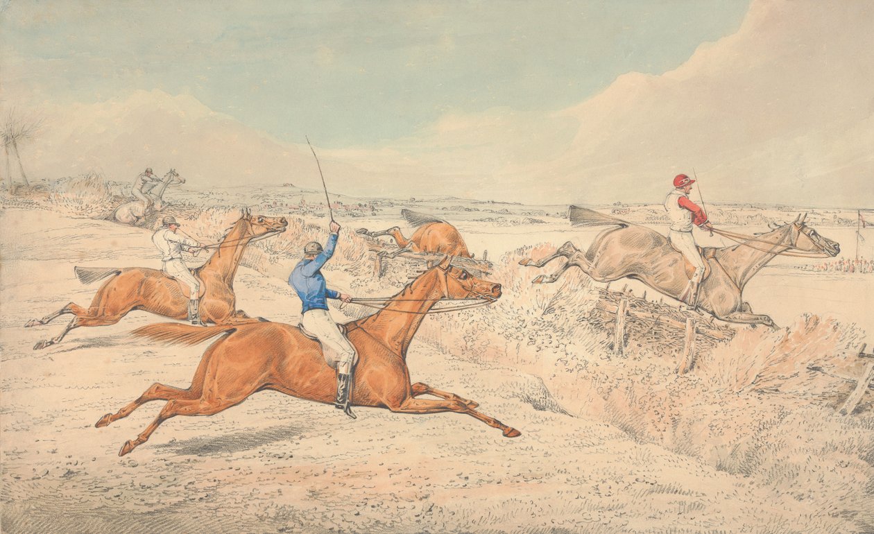 Steeplechasing: Four Riders Taking a Ditch and an Oxer by Henry Thomas Alken