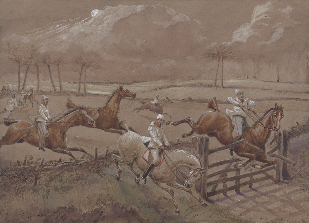 The Last Field near Nacton Heath, plate 3, from The First Steeple Chase on Record, engraved by J. Harris, printed by Ackermann, London in 1839 by Henry Thomas Alken