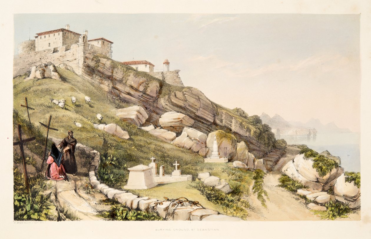 Burial Place of British Officers on the Castle Hill of San Sebastian, from Sketches of Scenery in the Basque Provinces of Spain, with a Selection of National Music, pub. 1838 by Henry Wilkinson