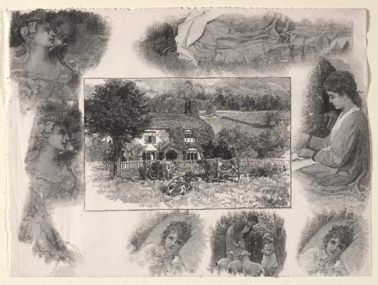 Landscape with Cottage and Cows Surrounded by Various Sketches by Henry Wolf