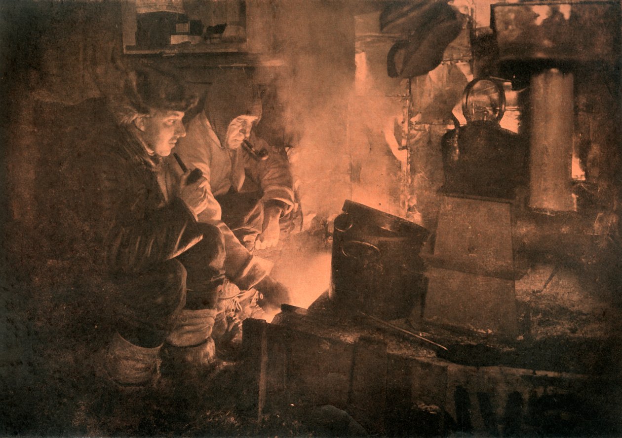 Oates and Meares at the Blubber-Stove in the Stables, 1911, 1913 by Herbert Ponting