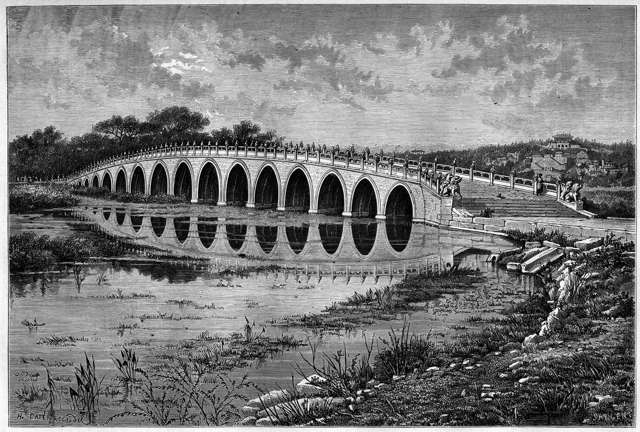 Bridge with 17 arches on Lake Kunming at the Ete Palace near Peking in the 19th century. Engraving after a drawing by Catenacci, after a photograph by Thomson, in Le Tour du Monde, Nouveau journal des Voyages by Hercule (after) Catenacci
