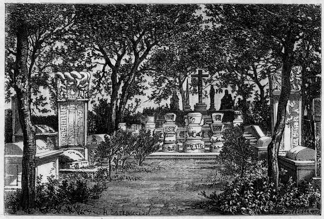 Sepultures of Jesuit Matteo Ricci and Adam Schall von Bell in Beijing in the years 1870. Engraving after a drawing by Catenacci, after a photograph by Thomson, in “Le Tour du Monde, Nouveau journal des Voyages”, edited by Edouard Charton by Hercule (after) Catenacci
