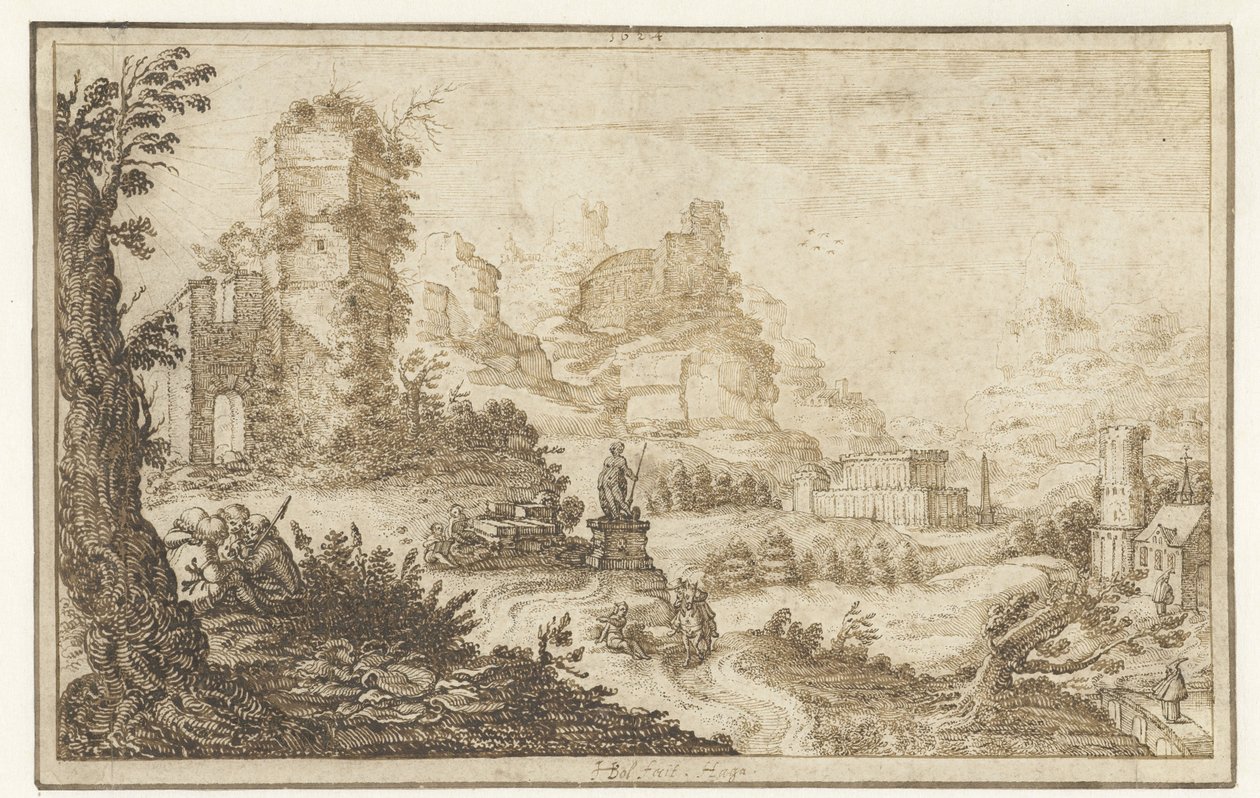 Landscape with Ruins and a Statue by Herman Breckerveld