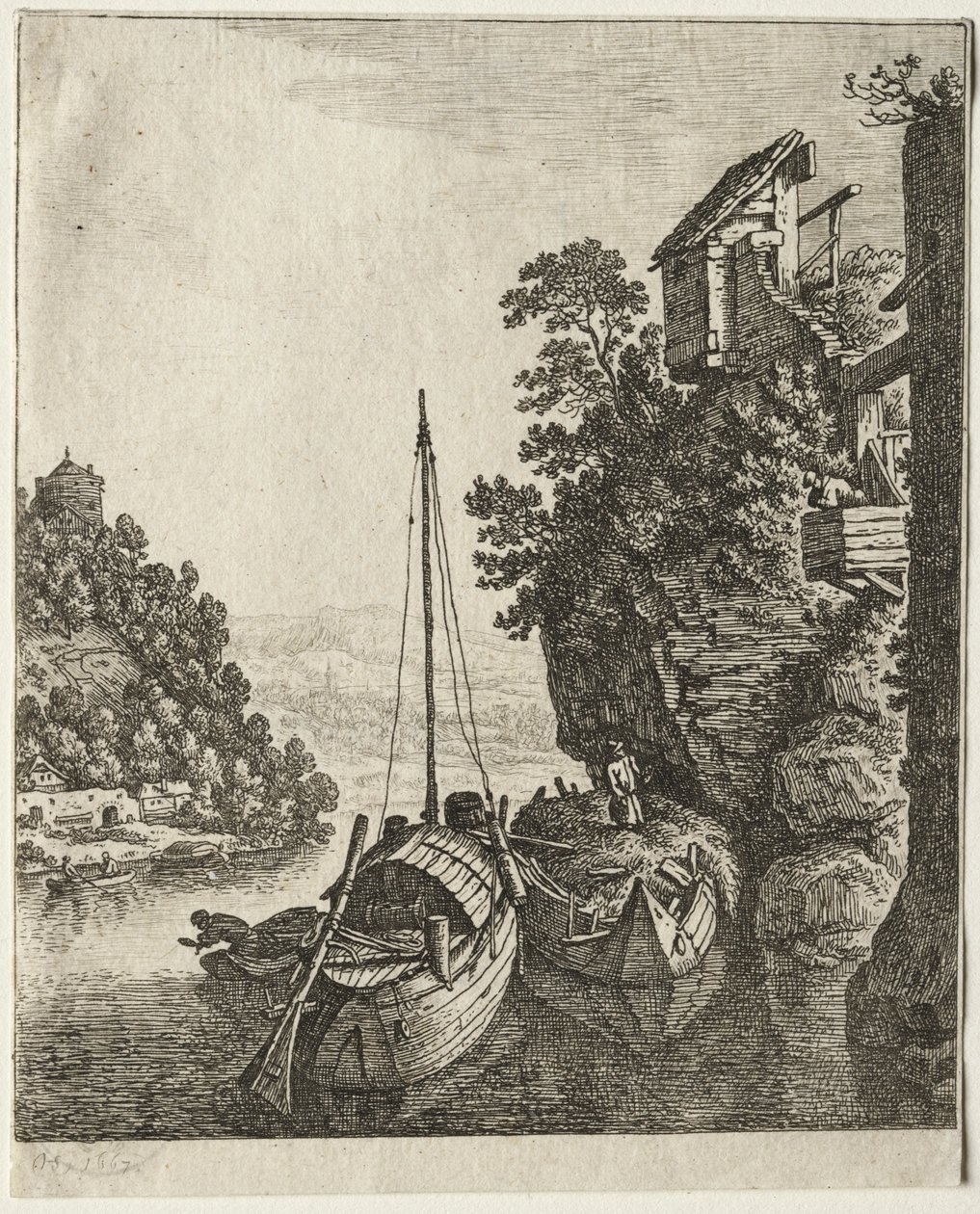 Two Boats moored under a rock, 1667 by Herman Saftleven