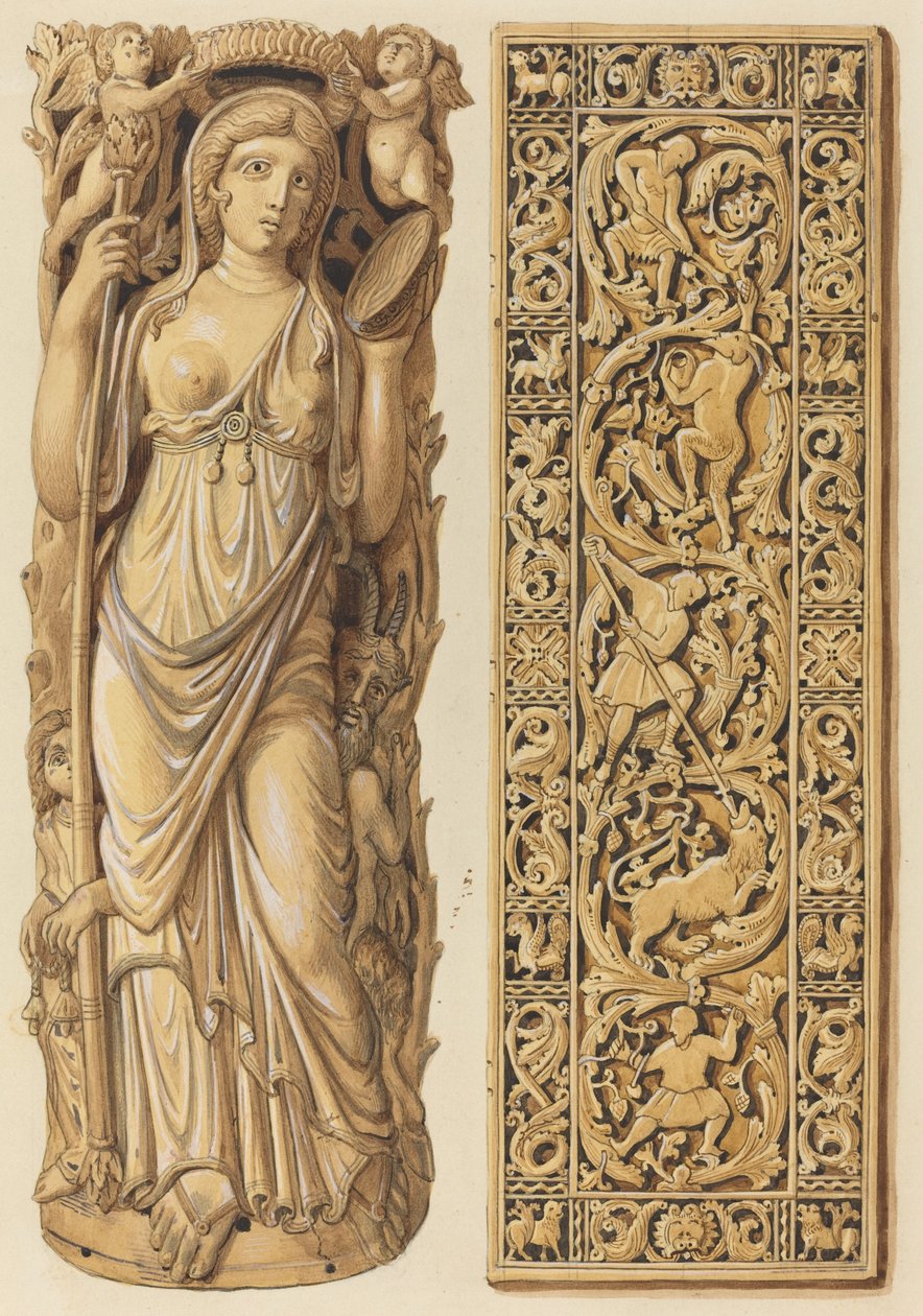 Renderings of an Ivory Carving of Ariadne from the 6th Century and an Ivory Plaque from the 9th Century by Herman Wilhelm Soltau