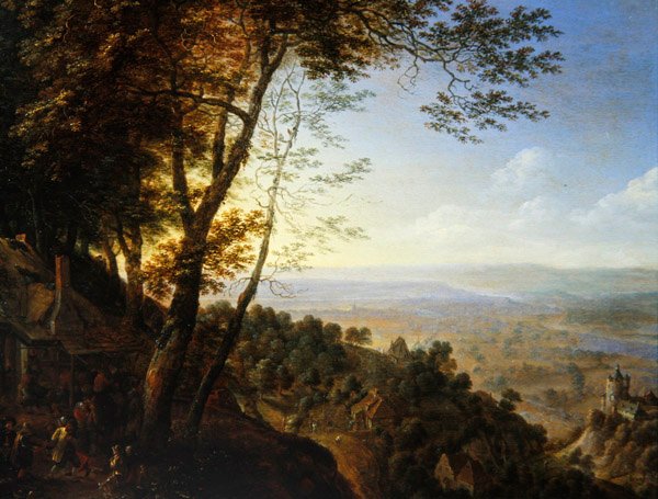 A wooded landscape with peasants by a cottage by Herman the Younger Saftleven