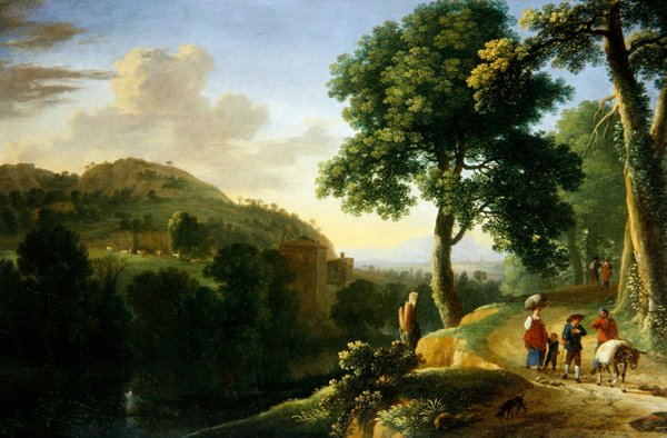 An Italianate landscape with travellers and a donkey, c.1640 by Herman van Swanevelt