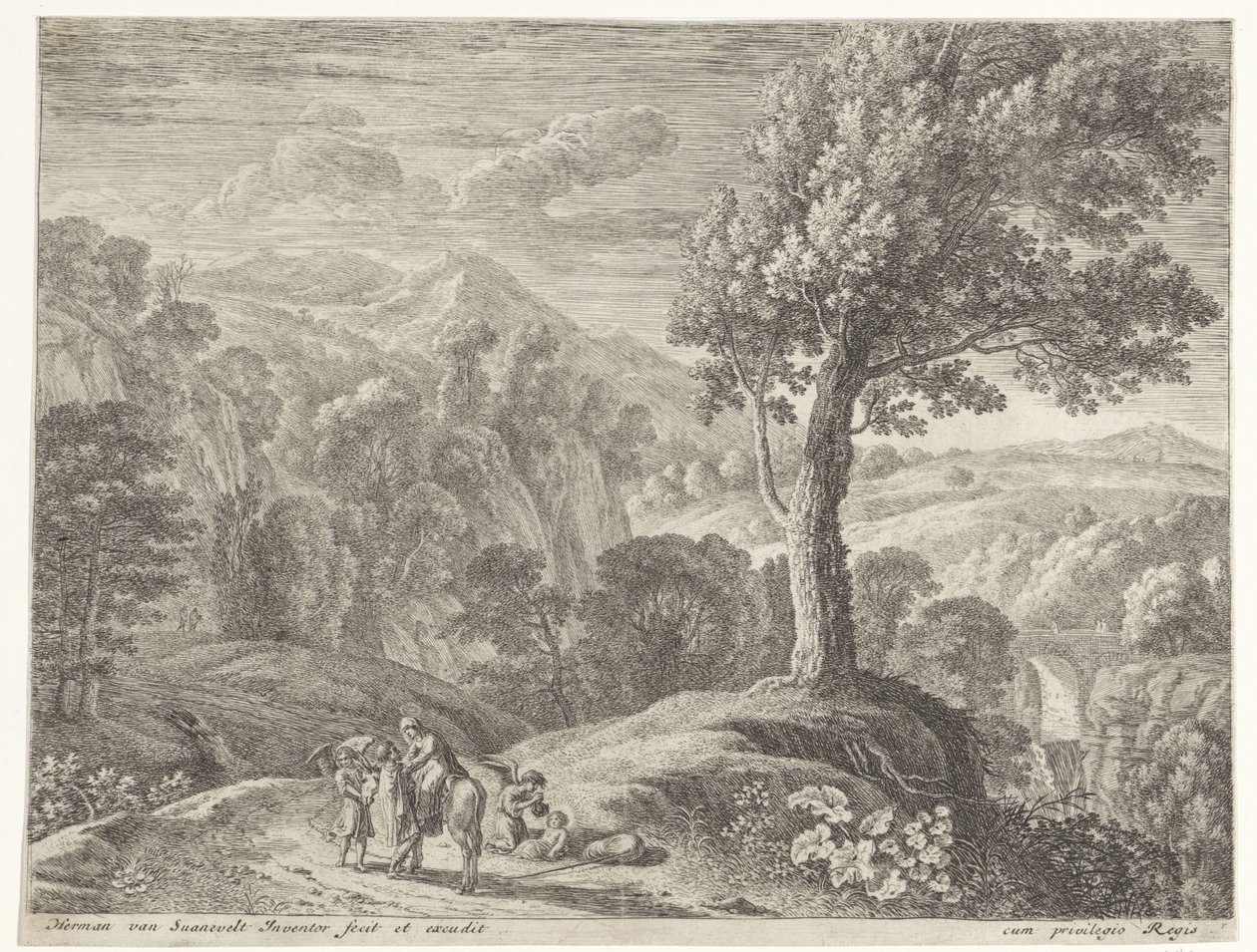 Joseph Helps Mary Off the Donkey (series title: Flight into Egypt) by Herman van Swanevelt