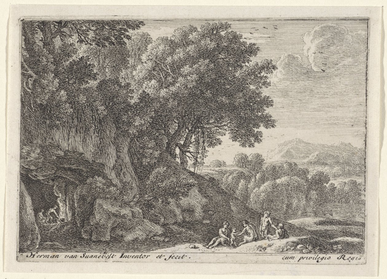 Satyrs Around the Fire in a Cave (Landscapes with Satyrs) by Herman van Swanevelt