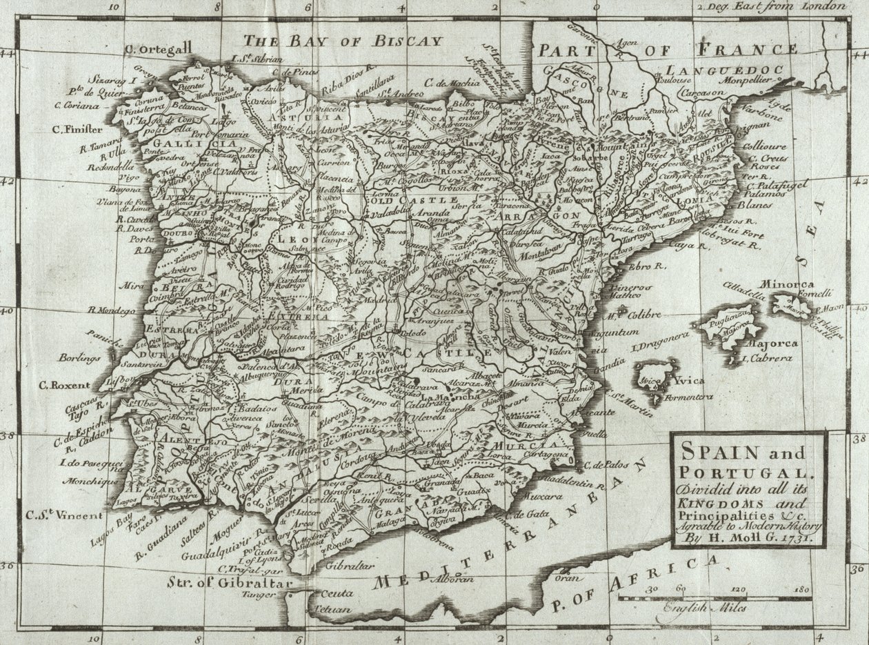 Map of Spain and Portugal by Hermann Moll