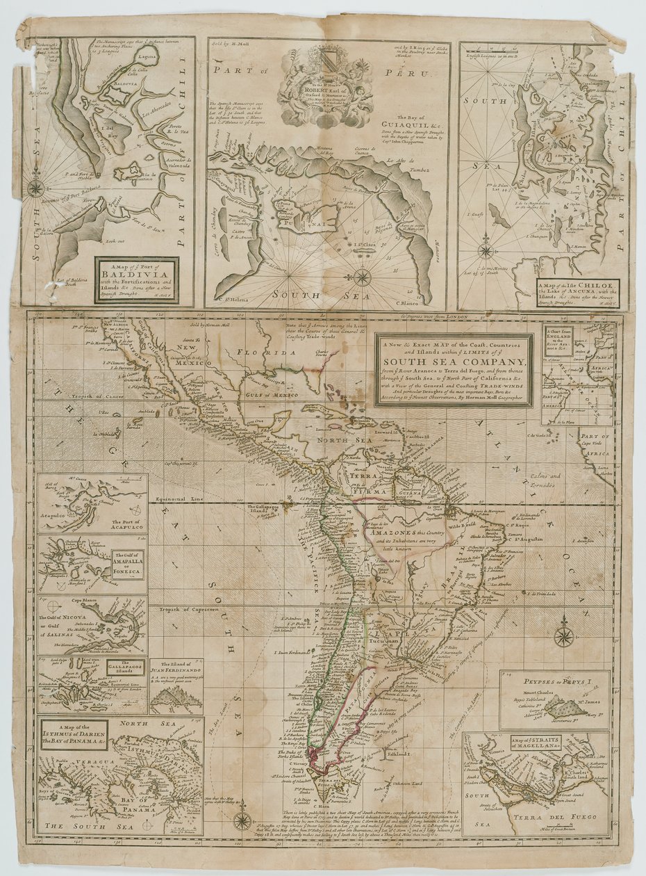 A New and Exact Map of the Coast Countries and Islands Within Ye Limits of Ye South Sea Company by Hermann Moll