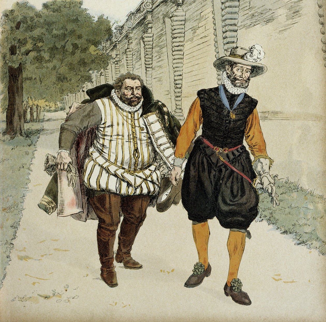 Henry IV and Charles de Lorraine, Duke of Mayenne. First reconciliatory interview between the two enemies, Mayenne, leader of the legueurs and the king, in the gardens of the Chateau de Montceaux, in the Brie, in 1596. Illustration by Hermann Vogel