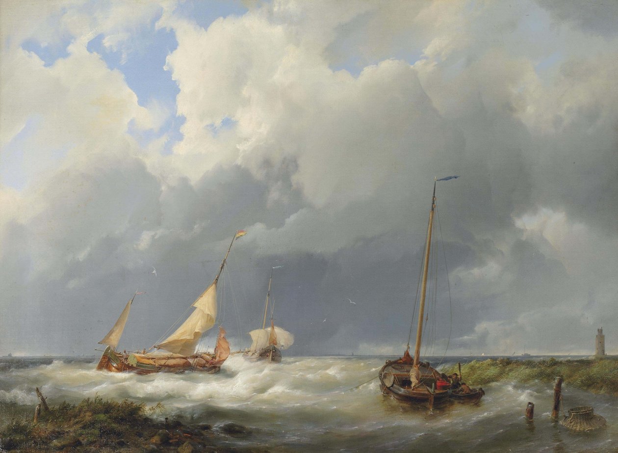 Coastal Scene with Fishing Vessels by Hermanus Koekkoek