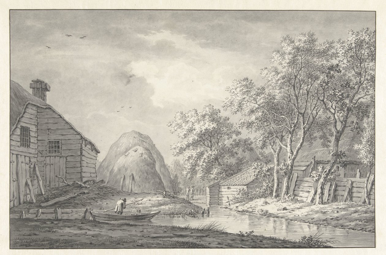 View by a Canal with an Angler by Hermanus van Brussel
