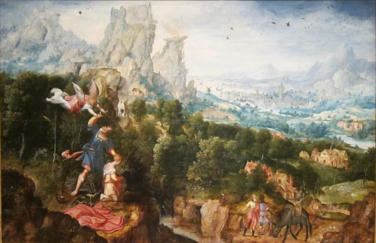 When Abraham has his hand raised to kill Isaac, an angel restrains Abraham