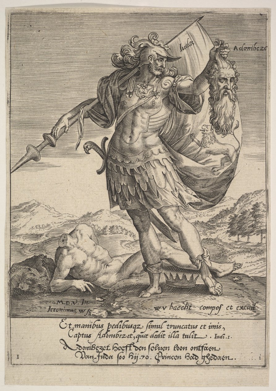 Judah with the Head of Adonibezek, from Willem van Haecht, Tyrannorum proemia, 1578 by Hieronymous Wierix