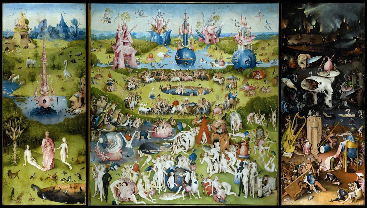 The Garden of Earthly Delights (left panel: Creation of Adam and Eve, central panel: lovers enjoying fruits, right panel: Hell) by Hieronymus Bosch