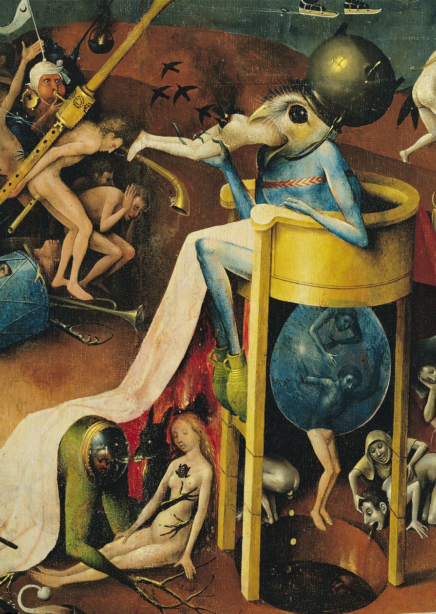 The Garden of Earthly Delights: Hell, right wing of triptych, detail of blue bird-man on a stool (detail) by Hieronymus Bosch